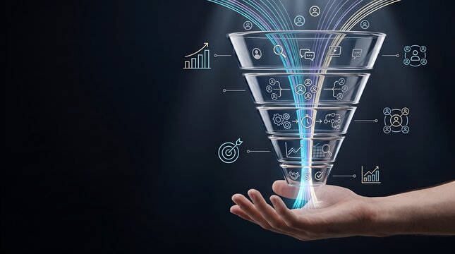 Revenue operations and marketing ROI analytics concept showing a clean digital sales funnel optimization