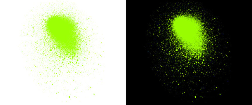 Neon green spray paint splash on black and white backgrounds, vibrant graffiti paint splatter texture, urban street art spray effect for graphic design