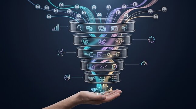 Customer retention and sales pipeline concept featuring a glowing digital funnel optimizing web traffic