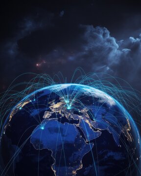 Glowing blue network lines connecting global locations on a dark earth globe at night time view