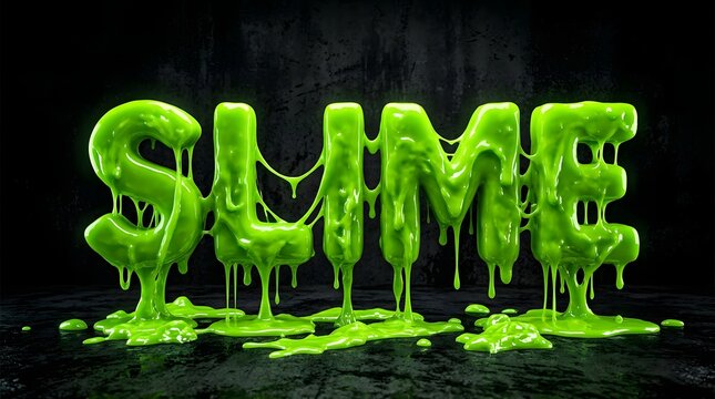 3d render of the word slime in bright green viscous liquid