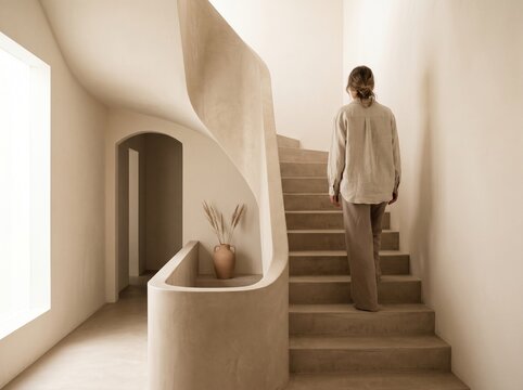 Woman walking up modern staircase. Minimalist interior design with beige neutral tones.