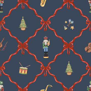 Christmas Nutcracker Seamless Pattern: Watercolor Holiday Trees, Ribbons (Digital Download)