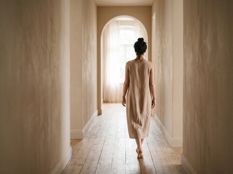 Silhouette of woman walking in minimalist hallway. Female figure in natural light against neutral architectural backdrop for modern design.