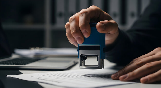 A close-up view of a professional hand applying an official ink rubber stamp onto legal documentation for authentication and business contract approval