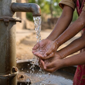 Children hands cupping clean water from village well