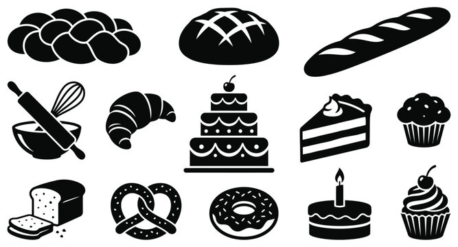 Black silhouette pastry collection bread cakes and sweet treats vector icons