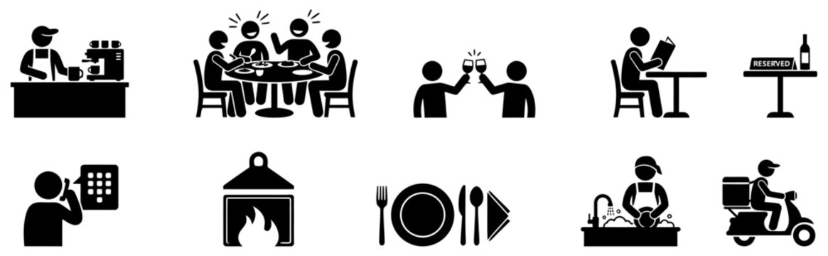Restaurant and dining icons set black and white vector graphics