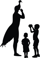 Black silhouette of a person interacting with a peacock bird and two young children standing on a plain white background, for cutout