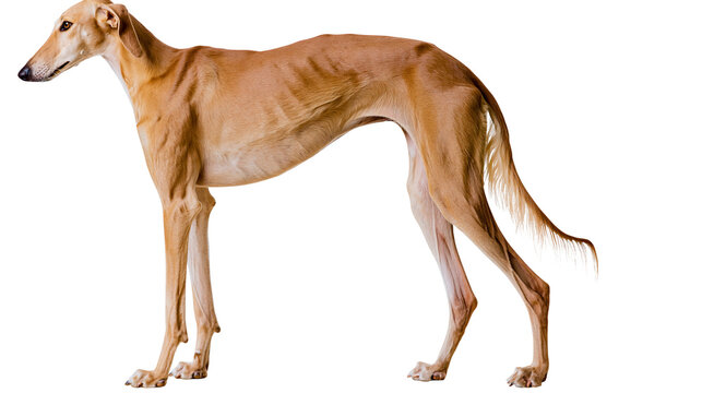 Slender tan Saluki dog standing profile view