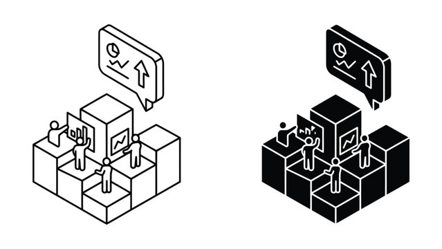Isometric business team analyzing data chart with business analysis isometric
