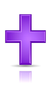 Isolated purple plus sign symbol with 3d glossy effect and reflection on white background, representing addition, positive, or medical cross