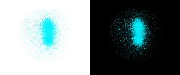 Cyan spray paint texture on white and black backgrounds, neon blue graffiti spray effect, grainy airbrush paint splatter for urban design and street art © Stocker BD