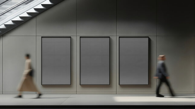 Three blank vertical grey poster mockups in a row on modern metro station wall next to escalator stairs