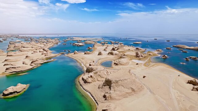 Aerial view of water yardang landforms in a turquoise lake in Qinghai, China