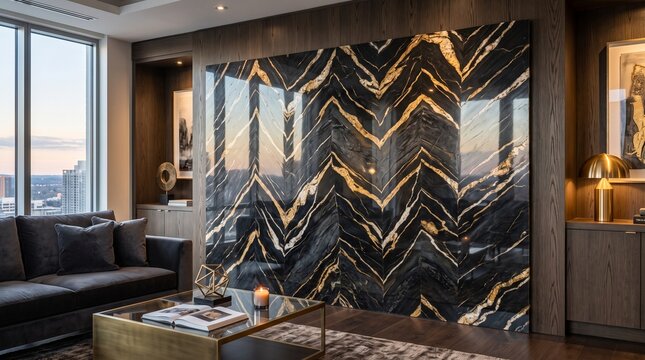 Contemporary living area featuring large dark marble feature wall interior apartment architecture cladding furniture sophisticated contemporary residential lighting exclusive reflection