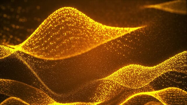 Golden particle wave background glowing sand like dunes, sparkling dust, warm bokeh, cinematic depth. luxury videos, award intros, festive promos, music visuals, product reveals, elegant motion loops.