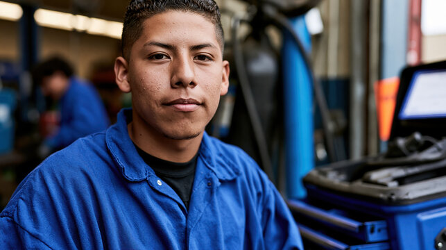 Trade school student portrait in blue work shirt, workshop background, calm expression