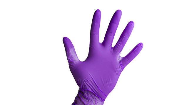 Purple nitrile glove open hand gesture