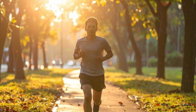 runner jogging through city park sunrise