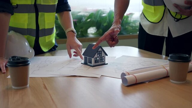 Professional engineers and architects discussing house model and floor plan blueprints at office desk