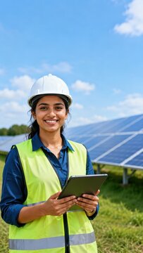 Confident young female solar engineer with tablet at renewable energy farm