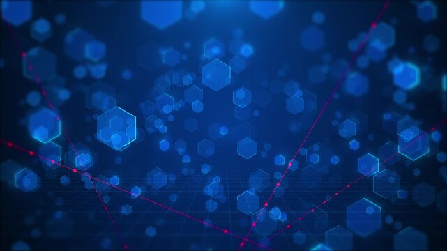 futuristic Blue hexagon digital network background floating geometric , glowing nodes, grid floor, magenta connection lines. tech videos, data visuals, finance screens, science presentations,