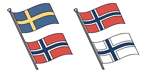Set of 16 stylized swedish and norwegian flags with bold stripes and crosses sweden norway scandinavian © Mamun