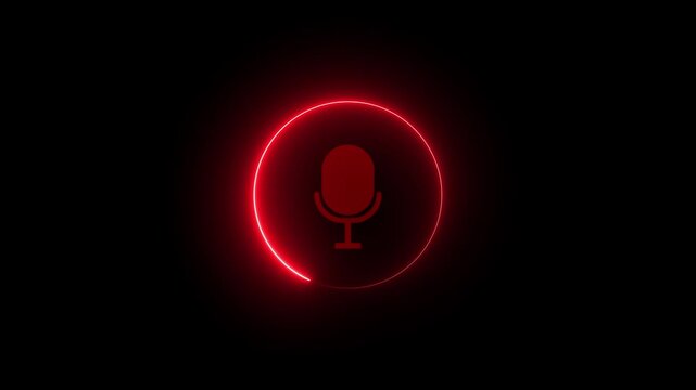 Red neon microphone with pulsing circular loading animation on black background, glowing light