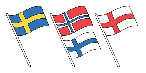 Obraz premium Set of three stylized flags of sweden and norway, diagonal stripes, white background, blue yellow