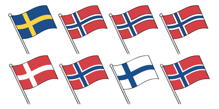 Set of 100 stylized swedish and norwegian flags on white background, swedish flag nordic cross