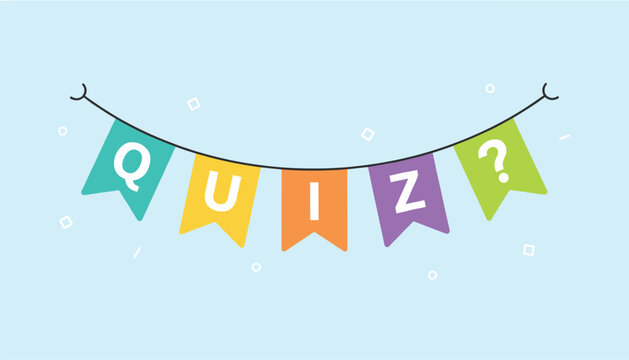 Colorful triangular bunting banner hanging on a wire spelling the word quiz with a question mark on blue.