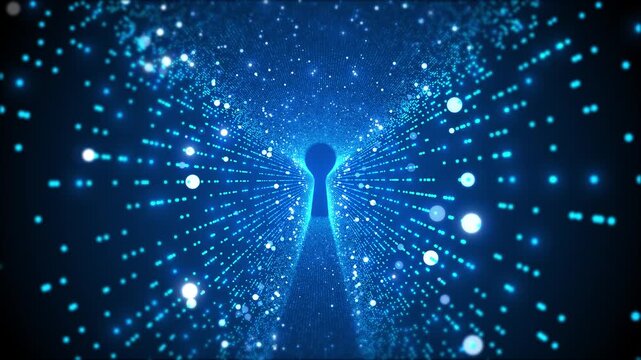Blue key hole data security background glowing particle tunnel, digital access portal, cyber privacy theme. login , password protection intros, encryption explainers, network safety screens, security