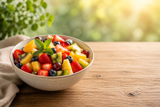 Frischer Obstsalat mit Beeren Kiwi und Ananas in Sch&uuml;ssel