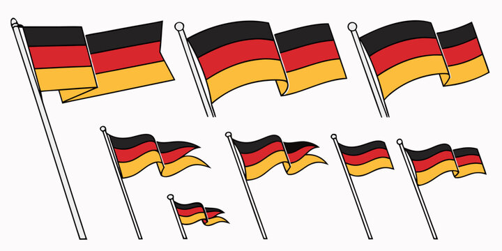 Set of 100 germany flags waving on white background, black gold