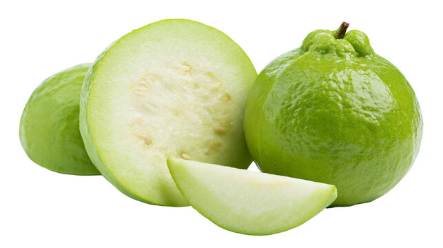 Whole and cut green guavas with seeds visible