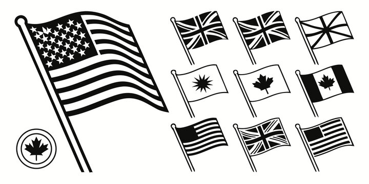 Set of 20 black and white flags of international organizations, including nato, eu, un, and more