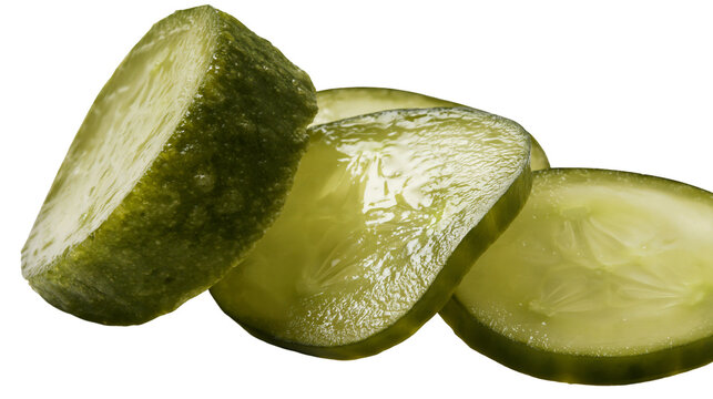Dill pickle slices with textured green skin and juicy interior