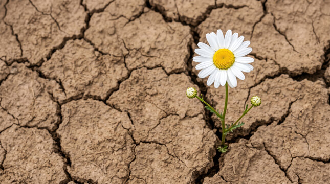Cracked earth drought extreme resilience hope wildflower struggle survival nature. Global warming climate crisis. heat wave weather disaster, dry desert