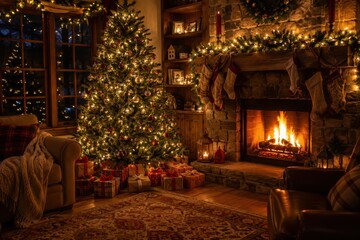 Obraz premium Decorated Christmas tree with gifts by glowing fireplace at home