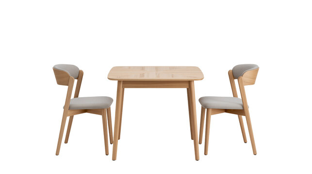 Light wood dining table with two upholstered chairs