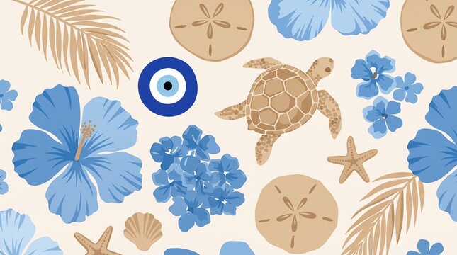 Summer Seamless Pattern Background with Sea Turtle Starfish Blue Hibiscus Flowers and Evil Eye