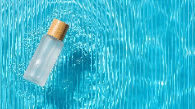 Frosted glass skincare bottle with a wooden bamboo lid placed on a blue ribbed transparent surface with water ripples, splashes, and droplets in bright sunlight, top view.