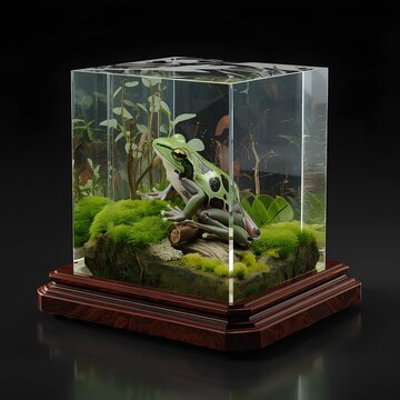 A tiny vibrant poison dart frog perfectly preserved inside a crystal-clear epoxy resin cube, surrounded by lush emerald moss, miniature ferns, delicate twigs, tiny mushrooms, and natural terrarium ele