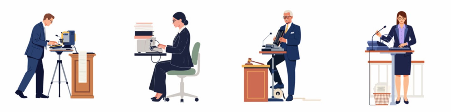 Flat illustration of diverse court reporters and stenographers using stenotype machines in various professional legal settings isolated on white background.