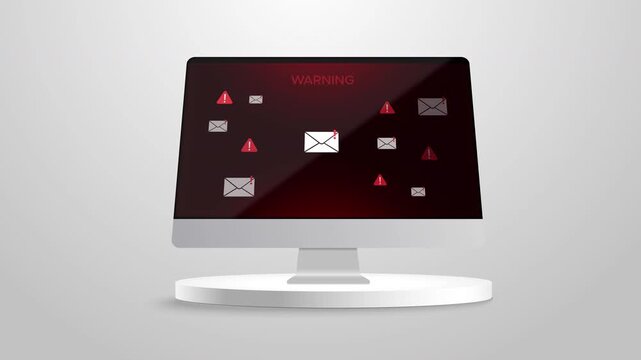 Computer monitor displaying cyber security warning with phishing email icons and alert signs