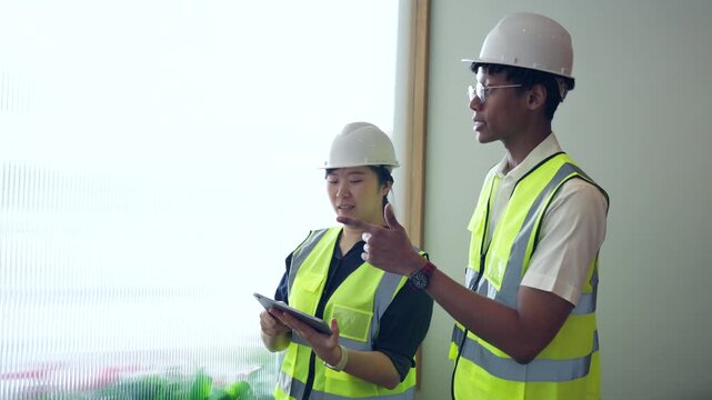 Diverse construction engineers holding digital tablet and pointing away during inspection at modern building site