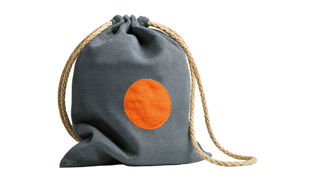 Gray canvas drawstring bag with orange circle accent and rope handles