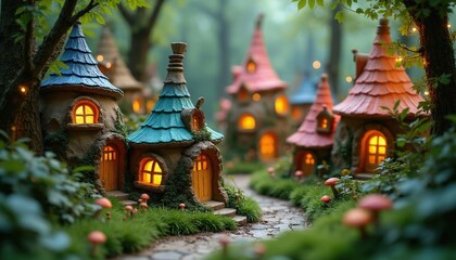 Fantasy forest village with tiny colorful houses. Small whimsical homes illuminated with warm light among trees and mushrooms. Enchanted fairy tale scenery. © miss irine