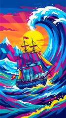 Tall Ship Sailing Through Massive Ocean Wave at Sunset, Flat Vector Illustration of Antique Galleon in Stormy Sea, Vibrant Colorful Mountains and Dramatic Sky, Nautical Adventure Concept Art © Dwistudio